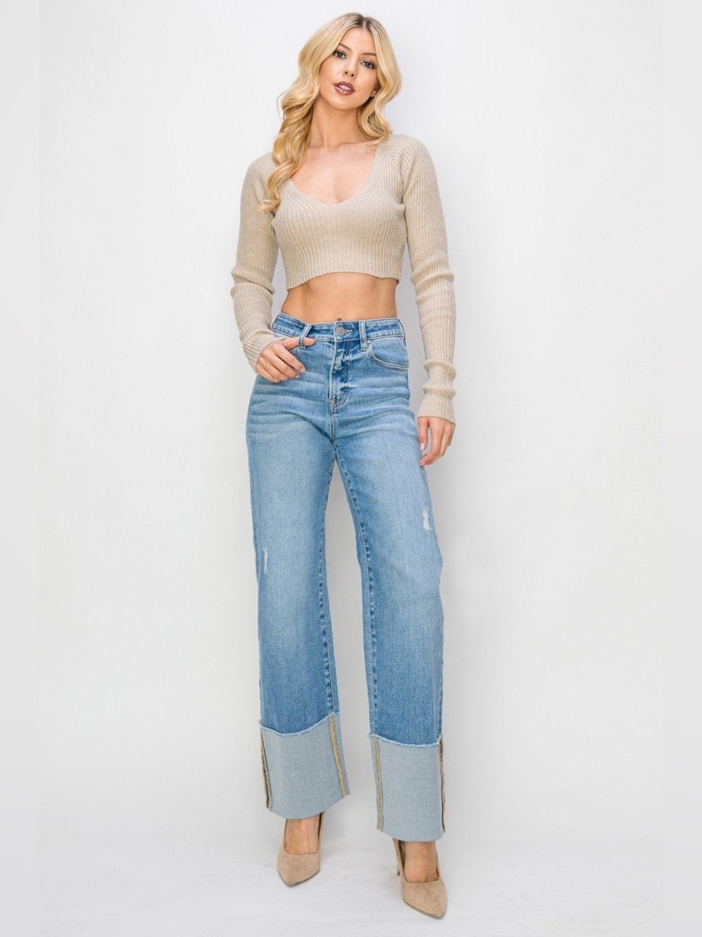Risen High Rise Wide Leg Cuffed Jeans Medium Wash Distressed Size 7/28 RDP5719